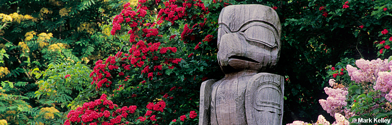 Totem in flowers, Juneau City Museum, Alaska  – Image 2620